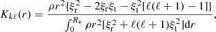Mathematical equation: $$ \begin{aligned} K_{k\ell }(r)= \frac{\rho r^2 \{\xi _{\rm r}^2 -2\xi _{\rm r}\xi _{\rm t} - \xi ^2_{\rm t}[\ell (\ell + 1)-1]\}}{\int ^{R_*}_0{\rho r^2 [\xi ^2_{\rm r} + \ell (\ell + 1) \xi ^2_{\rm t}] \mathrm{d}r}}, \end{aligned} $$