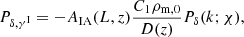 Mathematical equation: $$ \begin{aligned} P_{\delta ,\gamma ^\mathrm{I}}=-A_{\rm IA}(L,z)\frac{C_1\rho _{\rm m,0}}{D(z)}P_\delta (k;\chi ), \end{aligned} $$