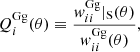 Mathematical equation: $$ \begin{aligned} Q^\mathrm{Gg}_i(\theta )&\equiv \frac{{ w}^\mathrm{Gg}_{ii}|_{\rm S}(\theta )}{{ w}^\mathrm{Gg}_{ii}(\theta )}, \end{aligned} $$