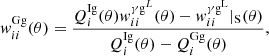 Mathematical equation: $$ \begin{aligned} { w}^\mathrm{Gg}_{ii}(\theta )&=\frac{Q^\mathrm{Ig}_{i}(\theta ){ w}^{\gamma \mathrm g^L}_{ii}(\theta ) - { w}^\mathrm{\gamma g^L}_{ii}|_{\rm S}(\theta )}{Q^\mathrm{Ig}_i(\theta )-Q^\mathrm{Gg}_{i}(\theta )}, \end{aligned} $$