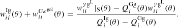 Mathematical equation: $$ \begin{aligned} { w}^\mathrm{Ig}_{ii}(\theta )+{ w}^{\mathrm{G}\kappa ^\mathrm{gal}}_{ii}(\theta )&=\frac{{ w}^\mathrm{\gamma g^L}_{ii}|_{\rm S}(\theta ) -Q^\mathrm{Gg}_{i}(\theta ) { w}^\mathrm{\gamma g^L}_{ii}(\theta )}{Q^\mathrm{Ig}_i(\theta )-Q^\mathrm{Gg}_{i}(\theta )} . \end{aligned} $$