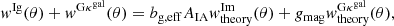 Mathematical equation: $$ \begin{aligned} { w}^\mathrm{Ig}(\theta )+{ w}^{\mathrm{G}\kappa ^\mathrm{gal}}(\theta )&= b_{\rm g,eff} A_{\rm IA} { w}^\mathrm{Im}_{\rm theory}(\theta ) + g_{\rm mag}{ w}^{\mathrm{G}\kappa ^\mathrm{gal}}_{\rm theory}(\theta ), \end{aligned} $$