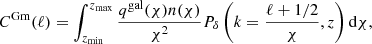 Mathematical equation: $$ \begin{aligned} C^\mathrm{Gm}(\ell )&= \int _{z_{\rm min}}^{z_{\rm max}} \frac{q^\mathrm{gal}(\chi )n(\chi )}{\chi ^2}P_\delta \left(k=\frac{\ell +1/2}{\chi },z\right)\mathrm{d}\chi , \end{aligned} $$