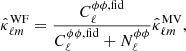 Mathematical equation: $$ \begin{aligned} \hat{\kappa }^\mathrm{WF}_{\ell m} = \frac{C^{\phi \phi , \mathrm {fid}}_\ell }{C^{\phi \phi , \mathrm{fid}}_\ell +N^{\phi \phi }_\ell } \hat{\kappa }^\mathrm{MV}_{\ell m} ,\end{aligned} $$