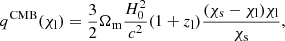 Mathematical equation: $$ \begin{aligned} q^\mathrm{CMB} (\chi _{\rm l})&= \frac{3}{2}\Omega _{\rm m}\frac{H_0^2}{c^2}(1+z_{\rm l}) \frac{(\chi _{\rm s}-\chi _{\rm l})\chi _{\rm l}}{\chi _{\rm s}}, \end{aligned} $$
