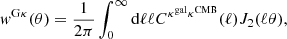 Mathematical equation: $$ \begin{aligned} { w}^{\mathrm{G}\kappa }(\theta ) = \frac{1}{2\pi }\int _{0}^{\infty }\mathrm{d}\ell \ell C^{\kappa ^\mathrm{gal}\kappa ^\mathrm{CMB}}(\ell ) J_2(\ell \theta ) , \end{aligned} $$