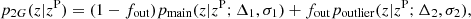 Mathematical equation: $$ \begin{aligned} p_{2G}(z|z^\mathrm{P})=(1-f_{\rm out})p_{\rm main}(z|z^\mathrm{P};\Delta _1,\sigma _1)+f_{\rm out}p_{\rm outlier}(z|z^\mathrm{P};\Delta _2,\sigma _2) , \end{aligned} $$