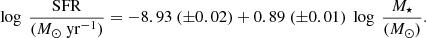 Mathematical equation: $$ \begin{aligned} \log ~\frac{\mathrm{SFR}}{(M_\odot ~\mathrm{yr}^{-1})} = -8.93~(\pm 0.02) + 0.89 ~(\pm 0.01) ~\log ~ \frac{M_\star }{(M_\odot )}. \end{aligned} $$