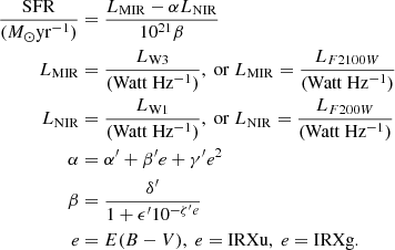 Mathematical equation: $$ \begin{aligned} \frac{\mathrm{SFR}}{(M_\odot \mathrm{yr}^{-1})}&= \frac{L_{\rm MIR} - \alpha L_{\rm NIR}}{10^{21} \beta }\nonumber \\ L_{\rm MIR}&= \frac{L_{\rm W3}}{\mathrm{(Watt~Hz^{-1})}},~\mathrm{or}~L_{\rm MIR} = \frac{L_{F2100W}}{(\mathrm{Watt~Hz^{-1}})}\nonumber \\ L_{\rm NIR}&= \frac{L_{\rm W1}}{(\mathrm{Watt~Hz^{-1}})},~\mathrm{or}~L_{\rm NIR} =\frac{L_{F200W}}{\mathrm{(Watt~Hz^{-1})}}\\ \alpha&= \alpha^\prime + \beta^\prime e + \gamma^\prime e^2\nonumber \\ \beta&= \frac{\delta^\prime }{1 + \epsilon^\prime 10^{-\zeta^\prime e}}\nonumber \\ e&= E(B-V),~ e = \mathrm{IRXu},~ e = \mathrm{IRXg}\nonumber . \end{aligned} $$