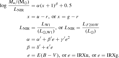 Mathematical equation: $$ \begin{aligned} \mathrm{log}~\frac{M_\star /{(\mathrm M_\odot )}}{L_{\rm NIR}}&= \alpha (x + 1)^{\beta } + 0.5\nonumber \\ x&= u-r, ~\mathrm{or}~ x = g-r \nonumber \\ L_{\rm NIR}&= \frac{L_{\rm W1}}{(L_{\rm \odot , W1})}, ~\mathrm{or}~ L_{\rm NIR} = \frac{L_{F200W}}{(L_{\odot })}\nonumber \\ \alpha&= \alpha^\prime + \beta^\prime e + \gamma^\prime e^2\nonumber \\ \beta&= \delta^\prime + \epsilon^\prime e\nonumber \\ e&= E(B-V), ~\mathrm{or}~ e = \mathrm{IRXu}, ~\mathrm{or}~ e = \mathrm{IRXg}. \end{aligned} $$