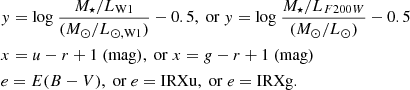 Mathematical equation: $$ \begin{aligned}&{ y} = \mathrm{log}~\frac{M_\star /L_{\rm W1}}{(M_\odot /L_{\odot , \mathrm{W1}})} - 0.5, ~\mathrm{or}~ { y} =\mathrm{log}~\frac{M_\star /L_{F200W}}{(M_\odot /L_{\odot })} - 0.5\\&x = u-r+1~(\mathrm{mag}), ~\mathrm{or}~ x = g-r+1~(\mathrm{mag})\\&e = E(B-V), ~\mathrm{or}~ e = \mathrm{IRXu}, ~\mathrm{or}~ e = \mathrm{IRXg}. \end{aligned} $$