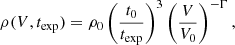 Mathematical equation: $$ \begin{aligned} \rho (V, t_{\rm exp}) = \rho _{0} \left( \frac{t_{0}}{t_{\rm exp}} \right)^3 \left( \frac{V}{V_0}\right) ^{-\Gamma }, \end{aligned} $$
