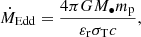 Mathematical equation: $$ \begin{aligned} \dot{M}_{\rm Edd} = \frac{4\pi GM_{\bullet } m_{\rm p}}{\varepsilon _{\rm r} \sigma _{\rm T} c}, \end{aligned} $$