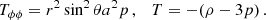$$ \begin{aligned}&T_{\phi \phi } = r^2\sin ^2\theta a^2p\,, \quad T = -(\rho - 3p)\,. \end{aligned} $$