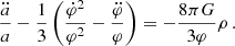 $$ \begin{aligned} \frac{\ddot{a}}{a} - \frac{1}{3}\left(\frac{\dot{\varphi }^2}{\varphi ^2}-\frac{\ddot{\varphi }}{\varphi }\right) = -\frac{8\pi G}{3\varphi }\rho \,. \end{aligned} $$