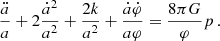 $$ \begin{aligned} \frac{\ddot{a}}{a} + 2\frac{\dot{a}^2}{a^2} + \frac{2k}{a^2} + \frac{\dot{a}\dot{\varphi }}{a\varphi } = \frac{8\pi G}{\varphi } p\,. \end{aligned} $$