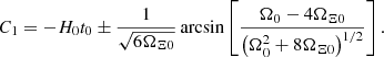 $$ \begin{aligned} C_1 = - H_0t_0 \pm \frac{1}{\sqrt{6\Omega _{\Xi 0}}}\arcsin \left[\frac{\Omega _0 - 4\Omega _{\Xi 0}}{ \left(\Omega _0^2 + 8\Omega _{\Xi 0}\right)^{1/2}}\right]. \end{aligned} $$