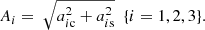Mathematical equation: $$ \begin{aligned} A_i = \ \sqrt{a^2_{i\mathrm{c} } + a^2_{i\mathrm{s} }} \ \ \{i = 1, 2, 3\}. \end{aligned} $$