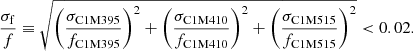 Mathematical equation: $$ \begin{aligned} \frac{\sigma _{\rm f}}{f} \equiv \sqrt{\left(\frac{\sigma _{\rm C1M395}}{f_{\rm C1M395}}\right)^2 + \left(\frac{\sigma _{\rm C1M410}}{f_{\rm C1M410}}\right)^2 + \left(\frac{\sigma _{\rm C1M515}}{f_{\rm C1M515}}\right)^2} < 0.02. \end{aligned} $$