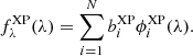 Mathematical equation: $$ \begin{aligned} f_\lambda ^\mathrm{XP}(\lambda ) = \sum _{i=1}^N b_i^\mathrm{XP} \phi _i^\mathrm{XP}(\lambda ). \end{aligned} $$