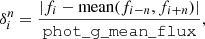 $$ \begin{aligned} \delta ^{n}_{i} = \frac{|f_i - \mathrm{mean} (f_{i-n},f_{i+n})|}{\mathtt{phot\_g\_mean\_flux }}, \end{aligned} $$
