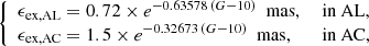 Mathematical equation: $$ \begin{aligned} {\left\{ \begin{array}{ll} \epsilon _\mathrm{ex,AL} = 0.72 \times e^{-0.63578\,(G - 10)}\ \text{ mas},&\text{ in} \text{ AL}, \\ \epsilon _\mathrm{ex,AC} = 1.5 \times e^{-0.32673\,(G - 10)}\ \text{ mas},&\text{ in} \text{ AC}, \end{array}\right.} \end{aligned} $$