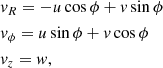 $$ \begin{aligned}&v_R = -u \cos \phi + v \sin \phi \nonumber \\&v_\phi = u \sin \phi + v \cos \phi \\&v_z = { w}, \nonumber \end{aligned} $$