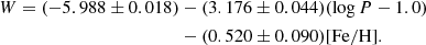 $$ \begin{aligned} W = (-5.988 \pm 0.018)&- (3.176 \pm 0.044) (\log P-1.0)\nonumber \\&- (0.520 \pm 0.090) \mathrm{[Fe/H]}. \end{aligned} $$