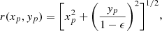 $$ \begin{aligned} \begin{aligned} r(x_p, { y}_p) = \Bigg [x_p^{2} + \bigg (\frac{{ y}_p}{1 - \epsilon }\bigg )^{2}\Bigg ]^{1/2} \end{aligned} ,\end{aligned} $$