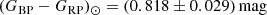 $$ \begin{aligned} ({G_\mathrm{BP} }-{G_\mathrm{RP} })_\odot&= (0.818 \pm 0.029)\,\mathrm{mag} \end{aligned} $$