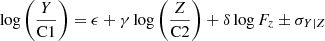Mathematical equation: $$ \begin{aligned} \log \left(\frac{Y}{\mathrm{C1} }\right) = \epsilon + \gamma \log \left(\frac{Z}{\mathrm{C2} }\right) + \delta \log F_z \pm \sigma _{Y|Z} \end{aligned} $$