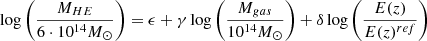 Mathematical equation: $$ \begin{aligned} \log \left(\frac{M_{HE}}{6\cdot 10^{14}M_\odot }\right) = \epsilon + \gamma \log \left(\frac{M_{gas}}{10^{14}M_\odot }\right) + \delta \log \left(\frac{E(z)}{E(z)^{ref}}\right) \end{aligned} $$
