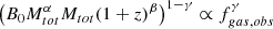 Mathematical equation: $$ \begin{aligned} \left(B_0 M_{tot}^\alpha M_{tot} (1+z)^\beta \right)^{1-\gamma } \propto f_{gas,obs}^\gamma \end{aligned} $$