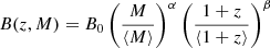 Mathematical equation: $$ \begin{aligned} B(z, M) = B_0 \left( \frac{M}{\left< M \right>}\right)^\alpha \left( \frac{1+z}{\left< 1+z \right>}\right)^\beta \end{aligned} $$