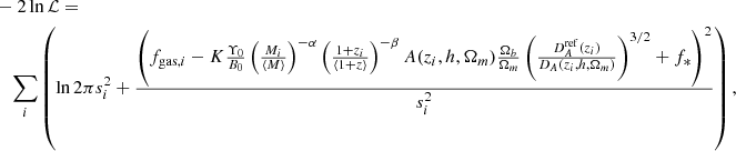 Mathematical equation: $$ \begin{aligned}&- 2 \ln \mathcal{L} = \nonumber \\&\quad \sum _i \left(\ln {2\pi s_i^2} + \frac{\left(f_{\mathrm{gas}, i} - K \frac{\Upsilon _0}{B_0} \left( \frac{M_i}{\left< M \right>}\right)^{-\alpha } \left( \frac{1+z_i}{\left< 1+z \right>}\right)^{-\beta } A(z_i, h, \Omega _m) \frac{\Omega _b}{\Omega _m} \left( \frac{D_A^\mathrm{ref}(z_i)}{D_A(z_i, h, \Omega _m)}\right)^{3/2} + f_* \right)^2}{s_i^2}\right), \end{aligned} $$