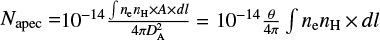 Mathematical equation: ${N_{{\rm{apec}}}} = {10^{ - 14}}{{\int {{n_{\rm{e}}}{n_{\rm{H}}} \times A \times dl} } \over {4\pi D_{\rm{A}}^2}} = {10^{ - 14}}{\theta \over {4\pi }}\int {{n_{\rm{e}}}{n_{\rm{H}}} \times dl} $