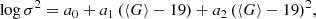 Mathematical equation: $$ \begin{aligned}&\log \sigma ^2=a_0+a_1 \, (\langle G\rangle -19)+a_2 \, (\langle G\rangle -19)^2 ,\end{aligned} $$