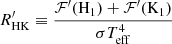 $$ \begin{aligned} R^\prime _{\mathrm{HK}} \equiv \frac{\mathcal{F}^\prime (\mathrm{H}_1)+\mathcal{F}^\prime (\mathrm{K}_1)}{\sigma T_{\rm eff}^4} \end{aligned} $$