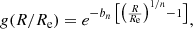 Mathematical equation: $$ \begin{aligned} g(R/R_{\rm e})=e^{ {-b_n\, \big [ \big ( {R\over R_{\rm e}} \big )^{1/n}-1 \big ]} }, \end{aligned} $$
