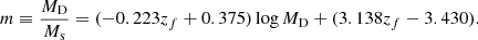 $$ \begin{aligned} m \equiv \frac{M_{\rm D}}{M_{\rm s}} = (-0.223 z_f + 0.375) \log M_{\rm D} + (3.138 z_f -3.430). \end{aligned} $$