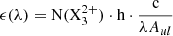 Mathematical equation: $$ \begin{aligned} \mathrm {\epsilon (\lambda )} = \mathrm {N(X}_{3}^{2+}) \cdot \mathrm {h} \cdot \frac{\mathrm{c}}{\lambda A_{ul}} \end{aligned} $$