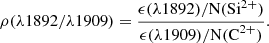 Mathematical equation: $$ \begin{aligned} \mathrm {\rho (\lambda } 1892 / \mathrm {\lambda } 1909) = \frac{{\epsilon (\lambda } 1892) / \mathrm {N(Si}^{2+})}{{\epsilon (\lambda } 1909) / \mathrm {N(C}^{2+})} . \end{aligned} $$