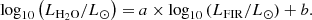 $$ \begin{aligned} \log _{10} \left( L_{\mathrm{H}_2\mathrm{O}} / {L}_\odot \right)= a\times \log _{10} \left( L_{\rm FIR} / {L}_\odot \right) + b .\ \end{aligned} $$
