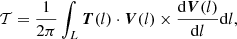 $$ \begin{aligned} \mathcal{T} = \frac{1}{2\pi }\int _L \boldsymbol{T}(l)\cdot \boldsymbol{V}(l) \times \frac{\mathrm{d}{\boldsymbol{V}}(l)}{\mathrm{d}l} \mathrm{d}l, \end{aligned} $$