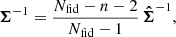 Mathematical equation: $$ \begin{aligned} {\boldsymbol{\Sigma }}^{-1} = \frac{N_{\rm fid} - n - 2}{N_{\rm fid} - 1} \, {\boldsymbol{\hat{\Sigma }}}^{-1}, \end{aligned} $$