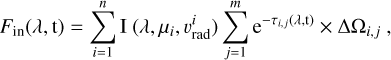 ${F_{{\rm{in}}}}\left( {\lambda ,t} \right) = \sum\limits_{i = 1}^n {{\rm{I}}\left( {\lambda ,{\mu _i},\upsilon _{{\rm{rad}}}^i} \right) = \sum\limits_{j = 1}^m {{{\rm{e}}^{ - {\tau _{i,j}}\left( {\lambda ,{\rm{t}}} \right)}} \times {\rm{\Delta }}{{\rm{\Omega }}_{i,j}}\,,} } $