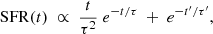 $$ \begin{aligned} \mathrm{SFR}(t)\ \propto \ \frac{t}{\tau ^2}\ e^{-t/\tau }\ +\ e^{-t^\prime /\tau^\prime }, \end{aligned} $$