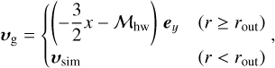 Mathematical equation: ${{\bf{\upsilon }}_{\rm{g}}} = \left\{ {\matrix{ {\left( { - {3 \over 2}x - {M_{{\rm{hw}}}}} \right){{\bf{e}}_y}} \hfill &amp; {\left( {r \ge {r_{{\rm{out}}}}} \right)} \hfill \cr {{{\bf{\upsilon }}_{{\rm{sim}}}}} \hfill &amp; {\left( {r < {r_{{\rm{out}}}}} \right)} \hfill \cr } ,} \right.$