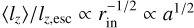 Mathematical equation: ${{\left\langle {{l_z}} \right\rangle } \mathord{\left/ {\vphantom {{\left\langle {{l_z}} \right\rangle } {{l_{z{\rm{,esc}}}} \propto r_{{\rm{in}}}^{{{ - 1} \mathord{\left/ {\vphantom {{ - 1} 2}} \right. \kern-\nulldelimiterspace} 2}} \propto {a^{{1 \mathord{\left/ {\vphantom {1 2}} \right. \kern-\nulldelimiterspace} 2}}}}}} \right. \kern-\nulldelimiterspace} {{l_{z{\rm{,esc}}}} \propto r_{{\rm{in}}}^{{{ - 1} \mathord{\left/ {\vphantom {{ - 1} 2}} \right. \kern-\nulldelimiterspace} 2}} \propto {a^{{1 \mathord{\left/ {\vphantom {1 2}} \right. \kern-\nulldelimiterspace} 2}}}}}$