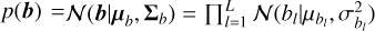 Mathematical equation: $p\left( {\bf{b}} \right) = {\cal N}\left( {{\bf{b}}|{{\bf{\mu }}_b},{{\rm{\Sigma }}_b}} \right) = \prod _{l = 1}^L{\cal N}\left( {{b_l}|{\mu _{{b_l}}},\sigma _{{b_l}}^2} \right)$
